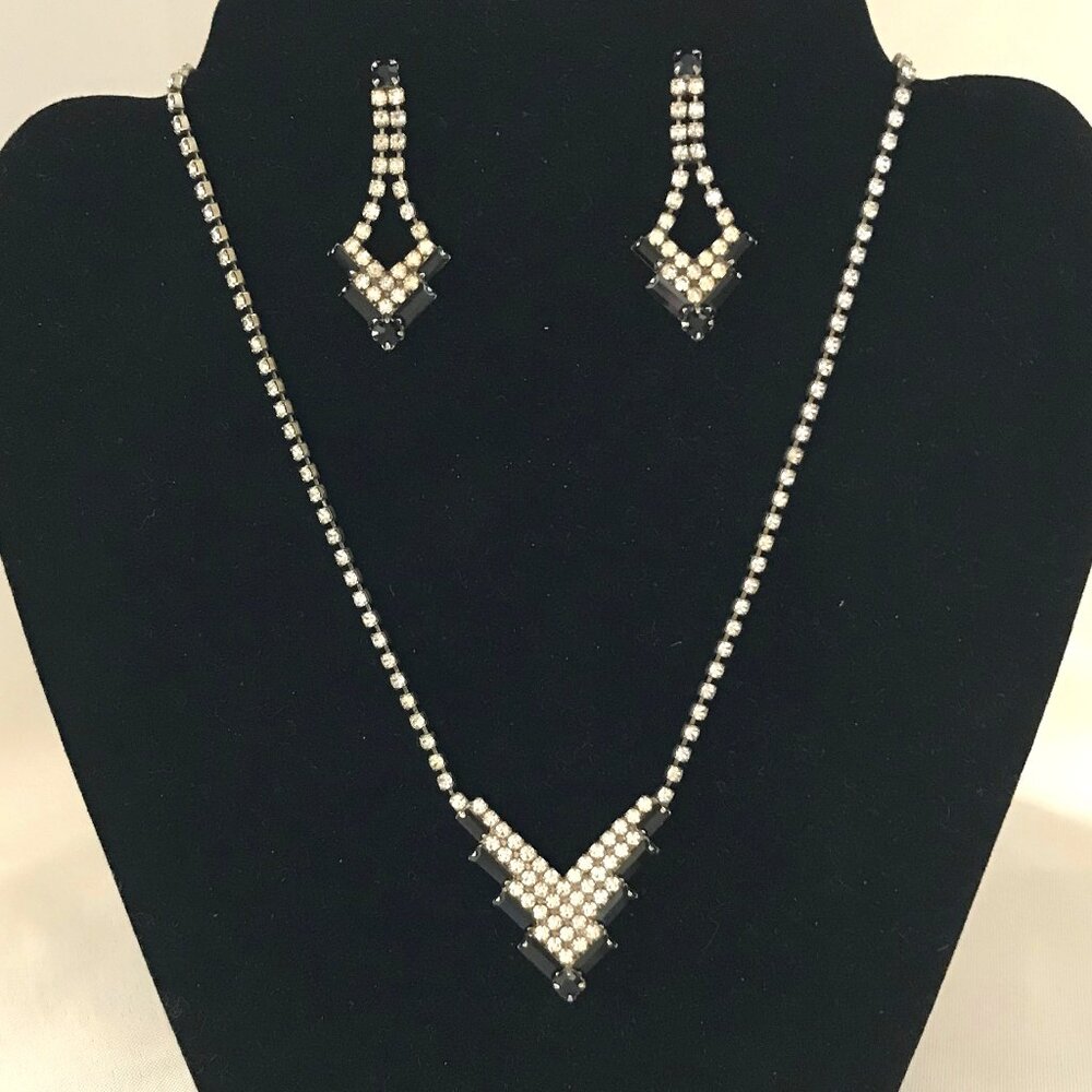 Vintage Silver Tone Black and Clear Rhinestone Necklace & Earring Set